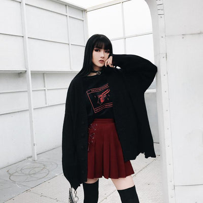 Japanese Black Red Print Gun Graphic Loose Long Sleeve Sweater SD01736