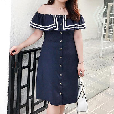 Plus Size Navy Lotus Shoulder-less Dress SD00165