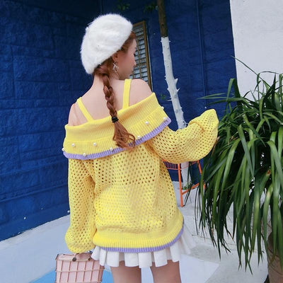 Yellow Knitted Woolen Pearl Shoulder-less Sweater SD00267