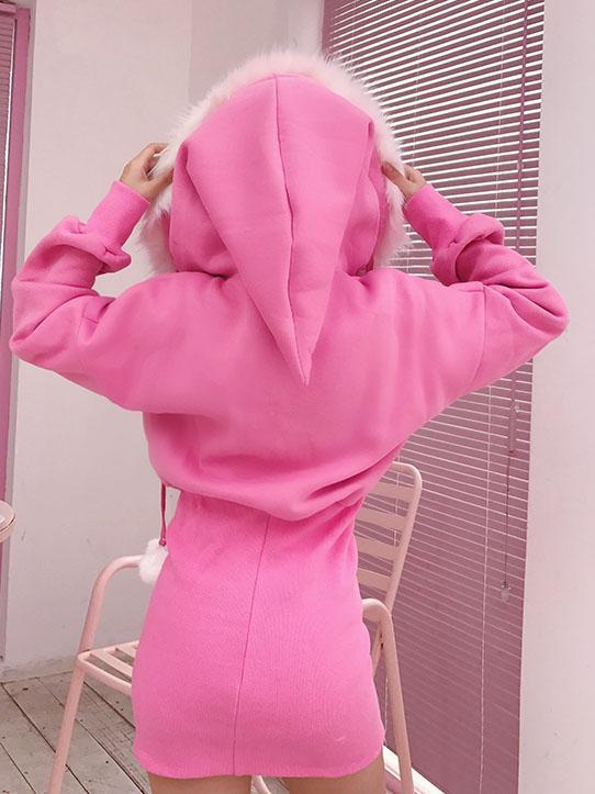 Fur Hoodie Zipper Sweater Dress SD00264