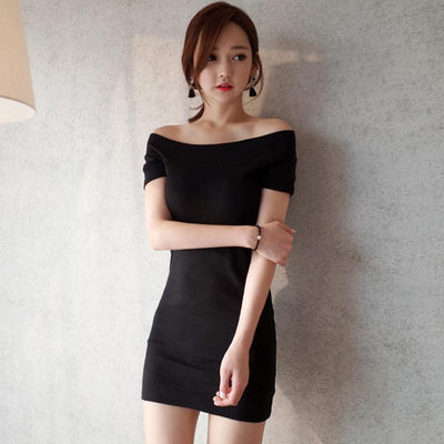 Korean summer casual black shoulder-less dress SD00948