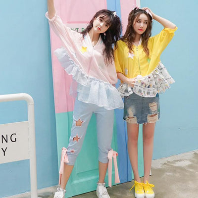 Blue Hollow Star Pink Bow Tie Pants SD00738