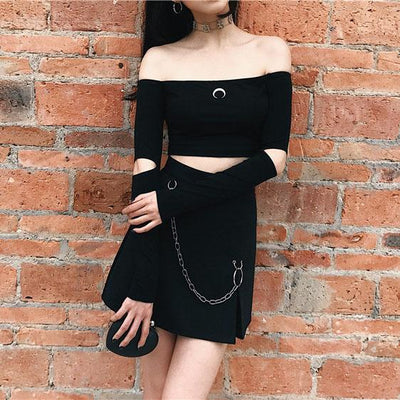 Pleated Black Chain High Waist Skirt SD01165