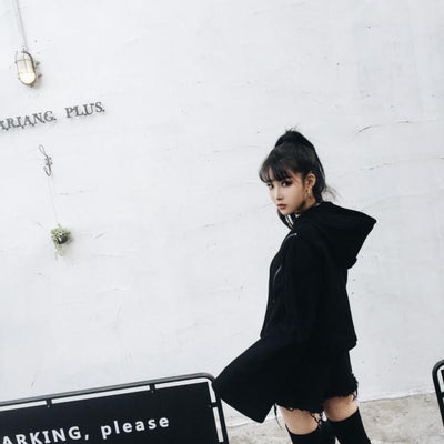 Black Chic Double Zipper Horn Sleeves Hooded Sweater Jacket SD01080