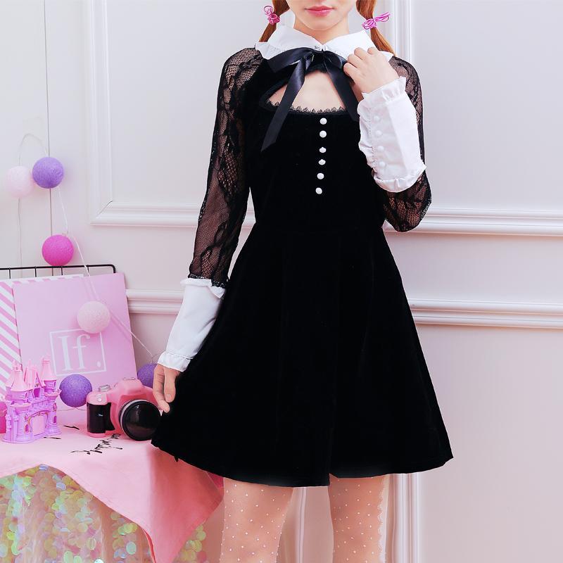 Japanese Sweet Black Lace Sleeve Ribbon Dress SD01247