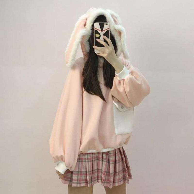 Pink Fluffy Bunny Ears Hoodie Sweater SD00235