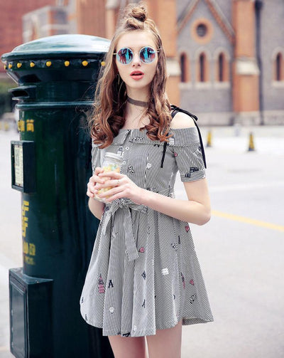 Black/White Striped Shoulder-less Dress SD00126