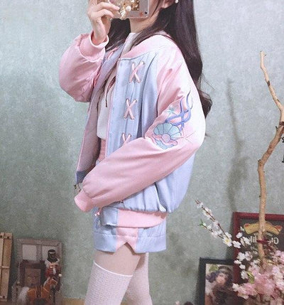 Japanese Harajuku Pastel Pink/Blue Embroidered Mermaid Jacket SD01709