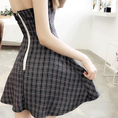 Grey Plaid Moon Sleeve-less Dress SD00095