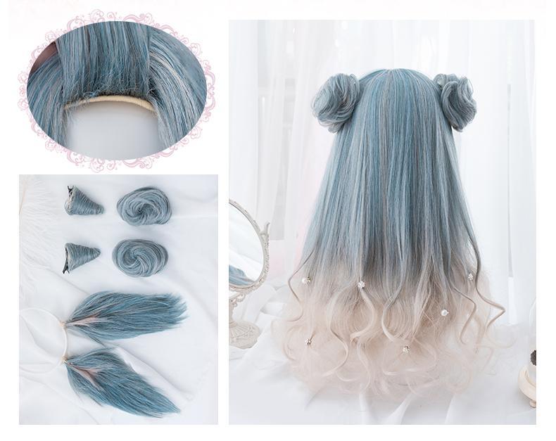 Blue Grey White Gradient Long Wig SD00200