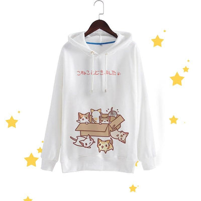 Cute Loose White/Black Long Sleeve Hooded Cat Sweater SD01540