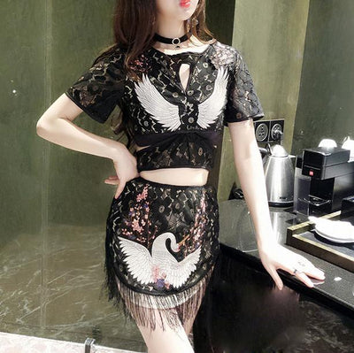 Chinese Cheongsam Style Bird Sakura Flowers Two Piece Set Top/Skirt SD01988