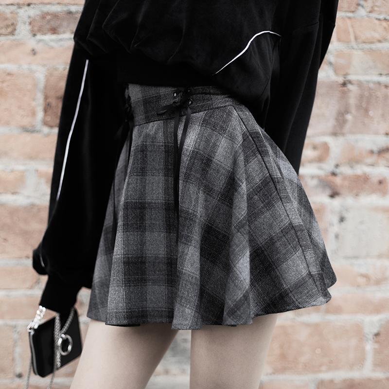 Dark Grey High Waist Plaid Cross Skirt SD00255