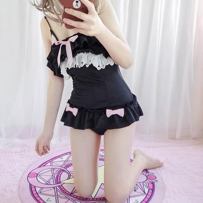 Black Cute Cat Ruffle Lace Swimsuit SD01842