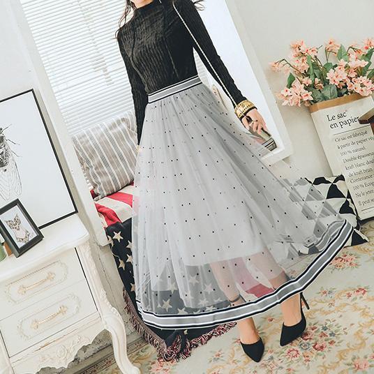 Korean Gauze Dots High Waist Long Skirt SD01488