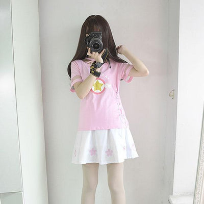 Cardcaptor Sakura Pink Star Winged Printed T-shirt Sakura Skirt SD01226