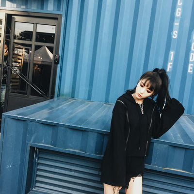 Black Chic Double Zipper Horn Sleeves Hooded Sweater Jacket SD01080