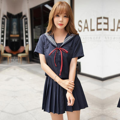 Japanese Navy Blue Red Ribbon Bow Sailor School Uniform Set SD01976