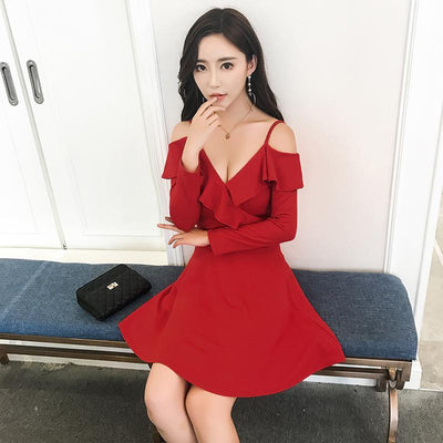 Chic ruffle shoulder less trap dress SD00972