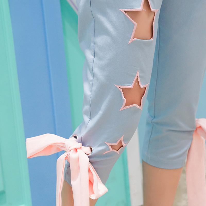 Blue Hollow Star Pink Bow Tie Pants SD00738