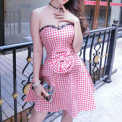 Plaid Bow Shoulder-less Dress SD00143