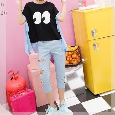 Blue Hollow Star Pink Bow Tie Pants SD00738
