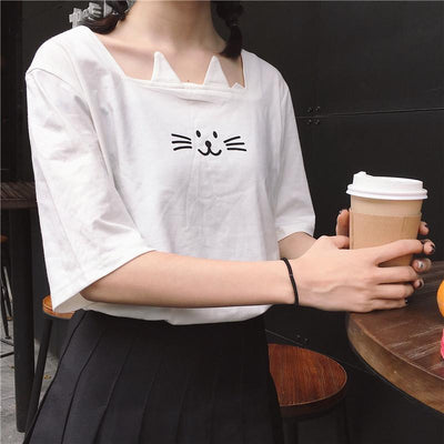 Cute Cat Embroidered Short-sleeved T-shirt SD01140