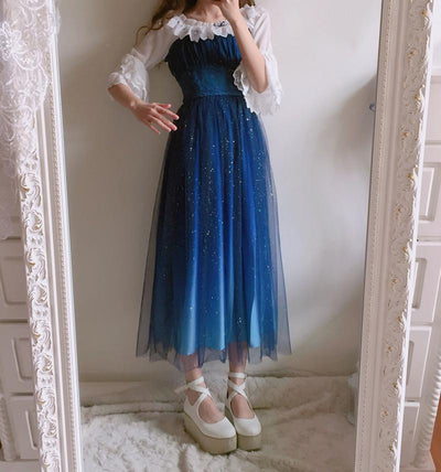 Japanese harajuku galaxy stars gradient blue long dress SD02468