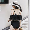 Black Striped Slim Ruffle One Piece Swimsuit SD02339