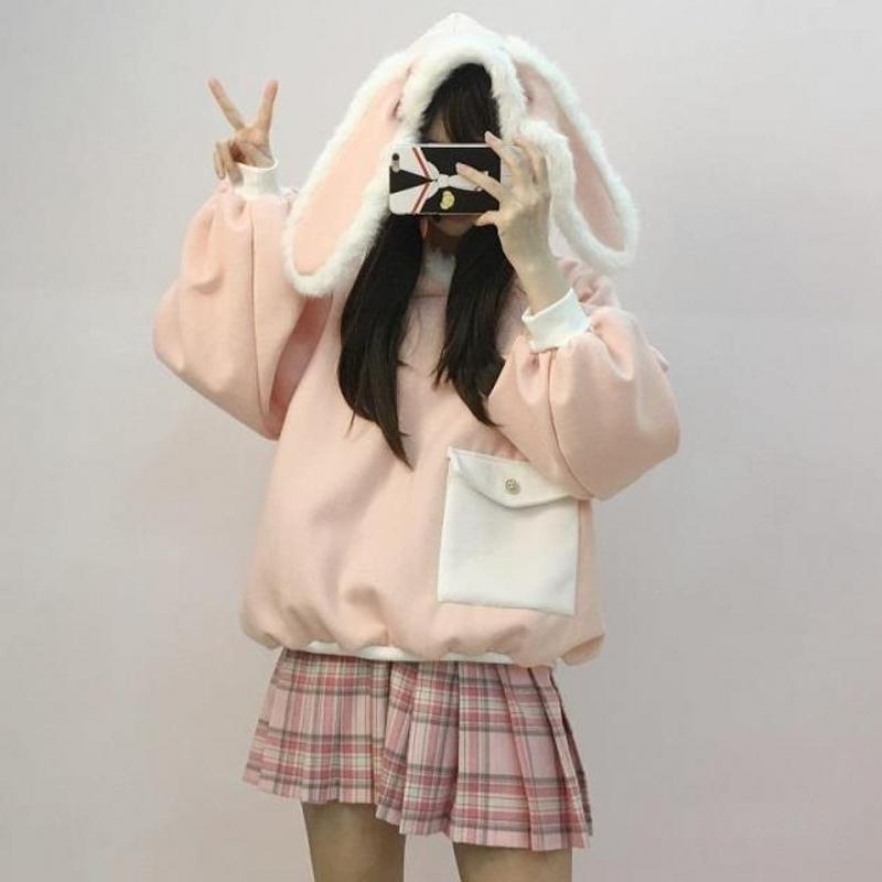 Pink Fluffy Bunny Ears Hoodie Sweater SD00235