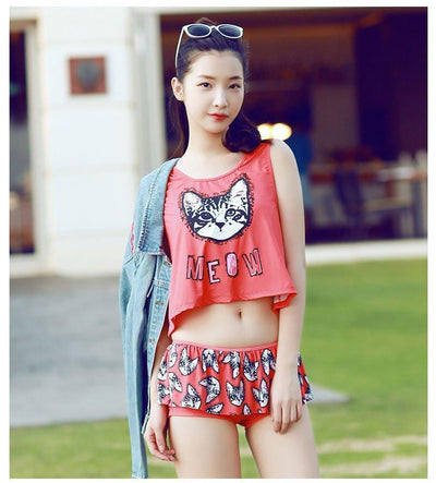 Cute Cat Printing Bikini Three-piece SD02317