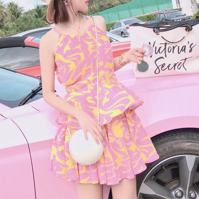 Korean Summer Pink Yellow Printed Chiffon Lotus Leaf Dress SD01624