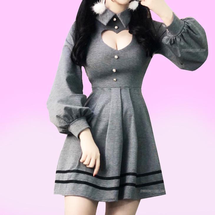 Heart Keyhole Hollow Cut Out Chest Lantern Sleeve Dress SD01286