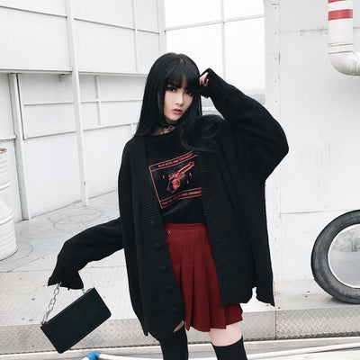 Japanese Black Red Print Gun Graphic Loose Long Sleeve Sweater SD01736