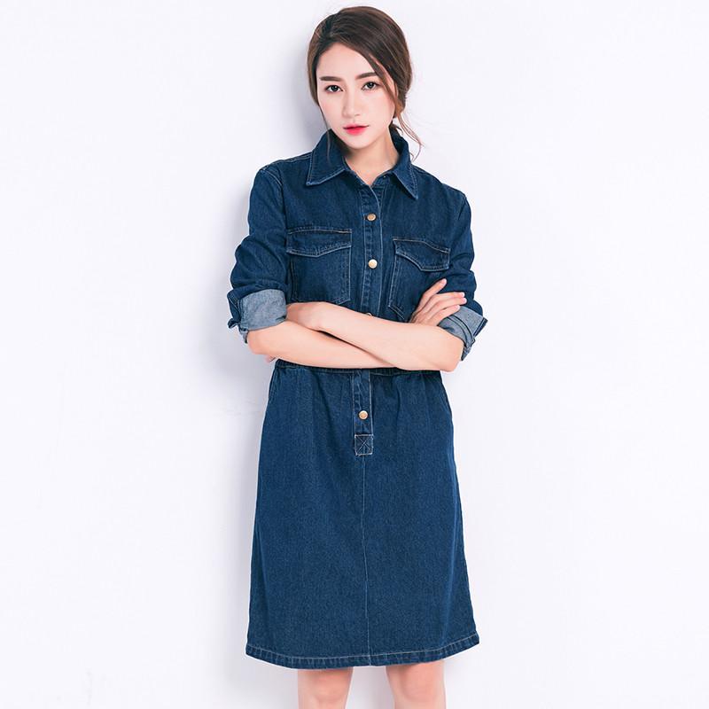 Korean Fashion Retro Demin Long-sleeved Elastic Waist Lapel Dress SD02264