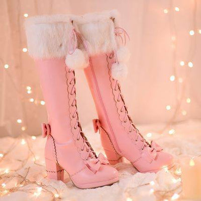 Sweet Pink/White Bow Tie Rabbit Fur High Heeled Boots Shoes SD01548