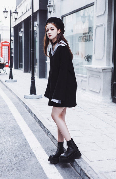 Woolen Horn Sleeved V-neck Sweater Dress SD02074