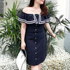 Plus Size Navy Lotus Shoulder-less Dress SD00165