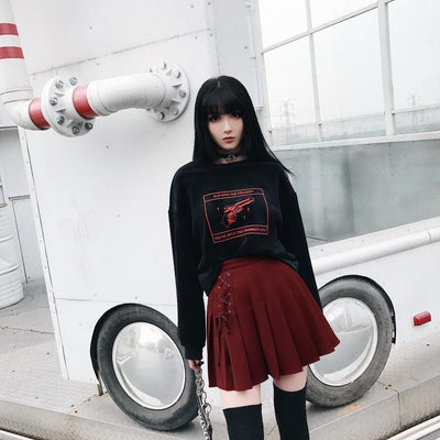 Japanese Black Red Print Gun Graphic Loose Long Sleeve Sweater SD01736