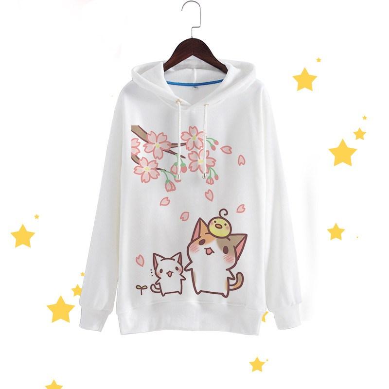 Cute Loose White/Black Long Sleeve Hooded Cat Sweater SD01540