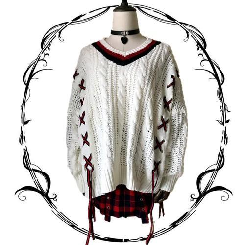 V-neck cross-straps knitted loose sweater SD01058