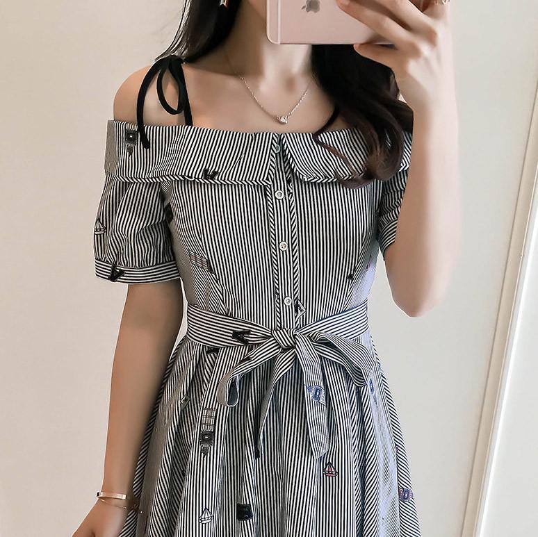 Black/White Striped Shoulder-less Dress SD00126