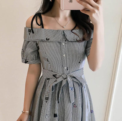 Black/White Striped Shoulder-less Dress SD00126