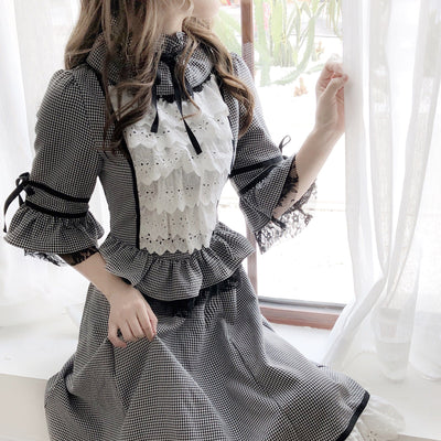 Elegant Lace White Black Plaid Dress SD01350