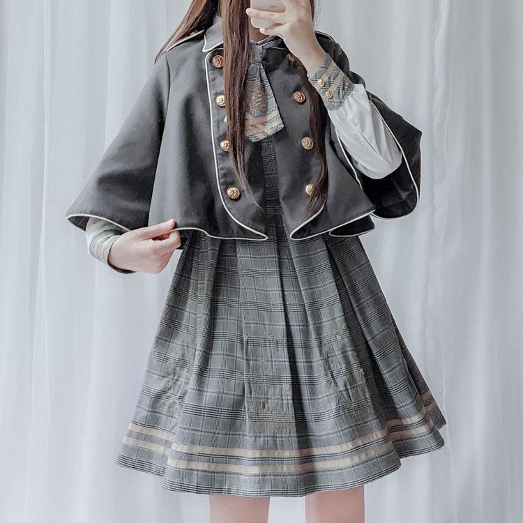 Detective Academy Embroidered Plaid Dress + Woolen Cloak SD00372