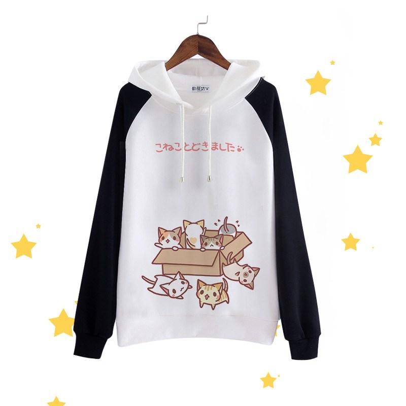 Cute Loose White/Black Long Sleeve Hooded Cat Sweater SD01540