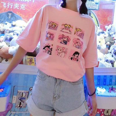 Pink White Sailor Moon Cute Printed Summer T-shirt SD02351