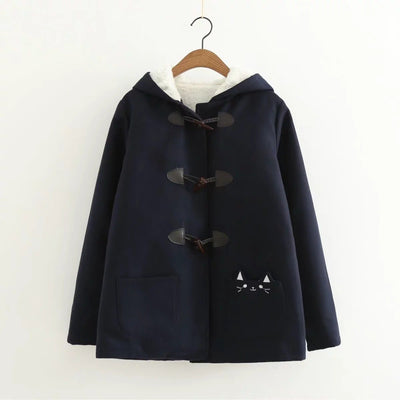 Warm Kawaii Pink/Black/Navy Embroidered Cat Hooded Ear Jacket SD01653