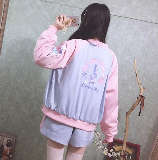 Japanese Harajuku Pastel Pink/Blue Embroidered Mermaid Jacket SD01709