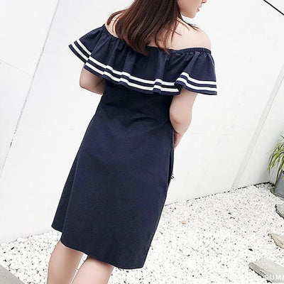 Plus Size Navy Lotus Shoulder-less Dress SD00165